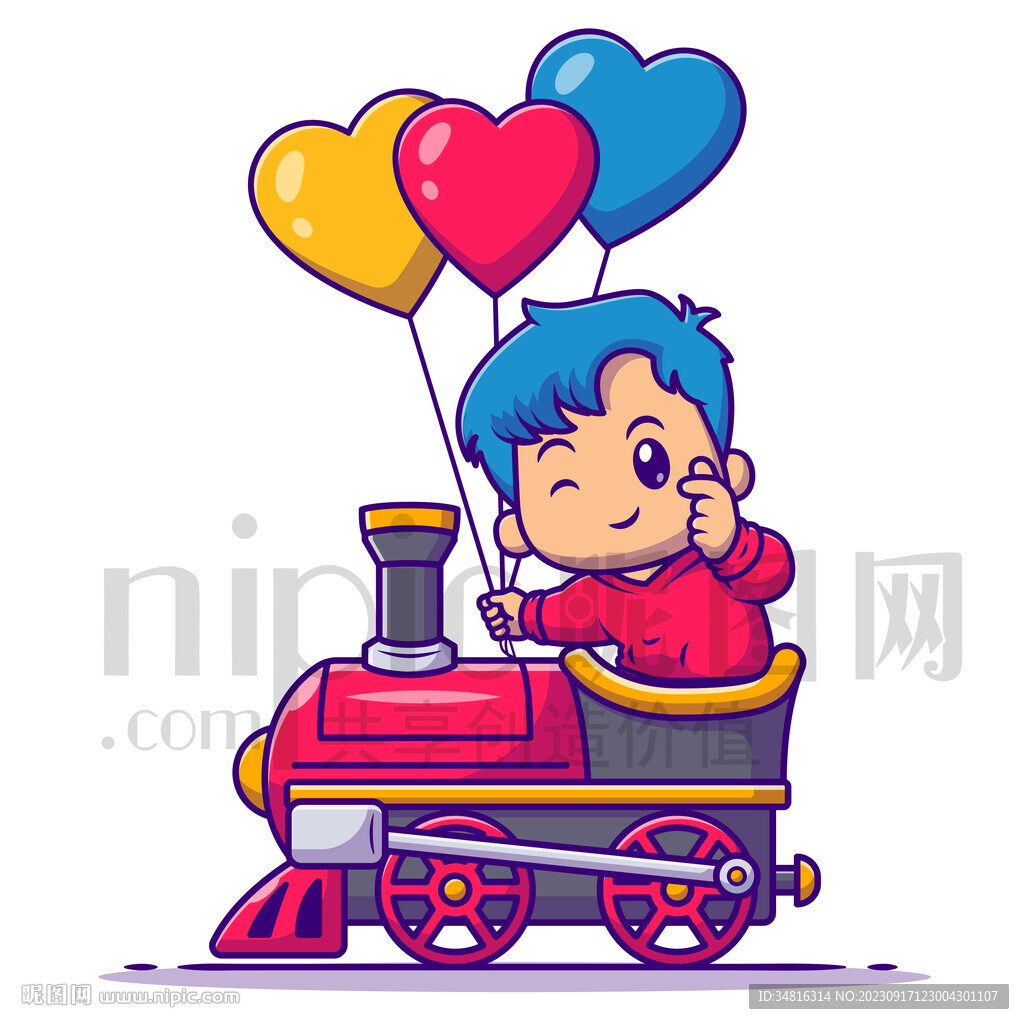 卡通坐火车的小男孩