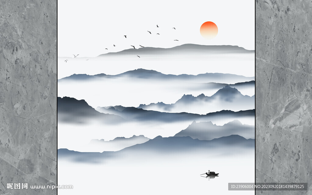 新中式大理石山水电视背景墙