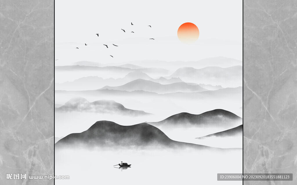 新中式大理石山水电视背景墙