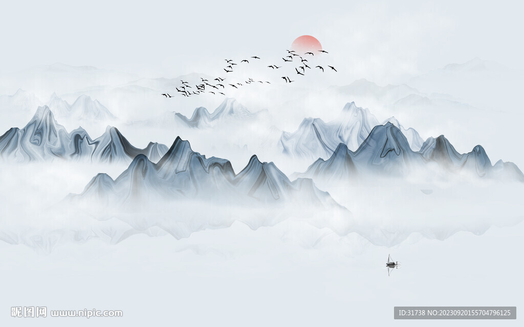 新中式水墨山水壁画背景墙