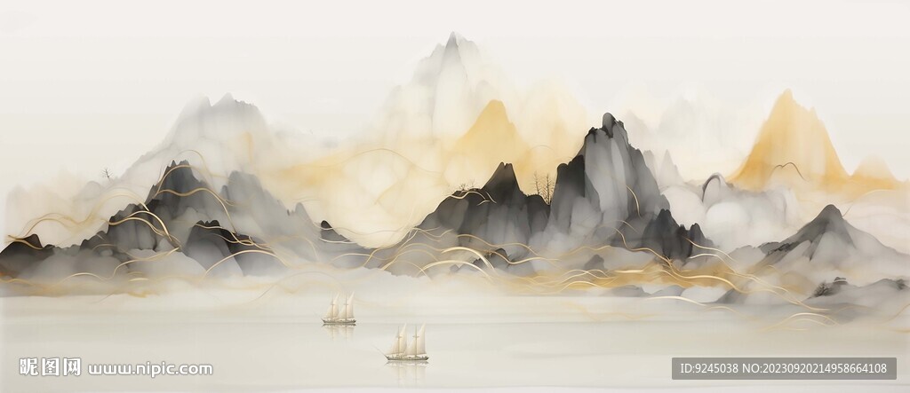 新中式水墨手绘山水画