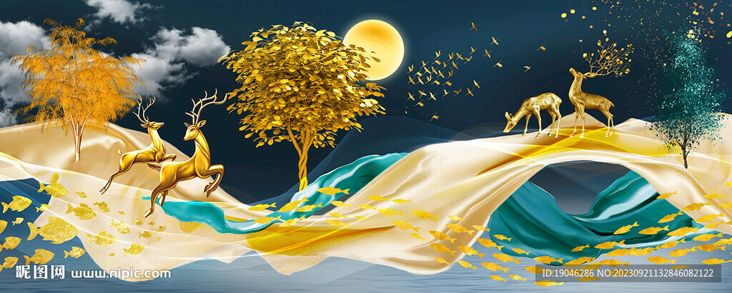 金色飘带麋鹿轻奢装饰画