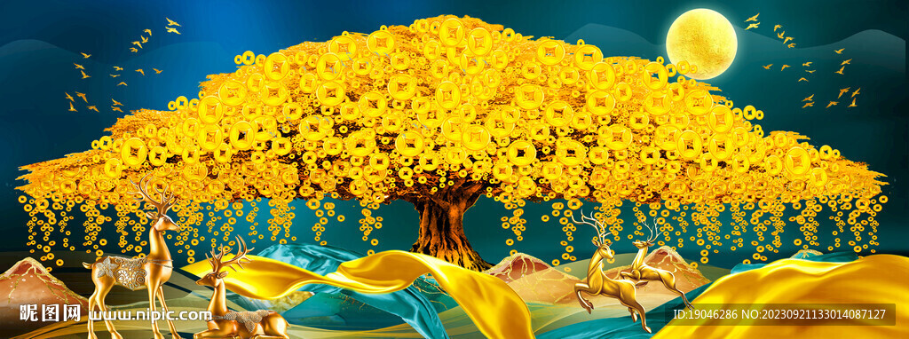 金色麋鹿发财树装饰画