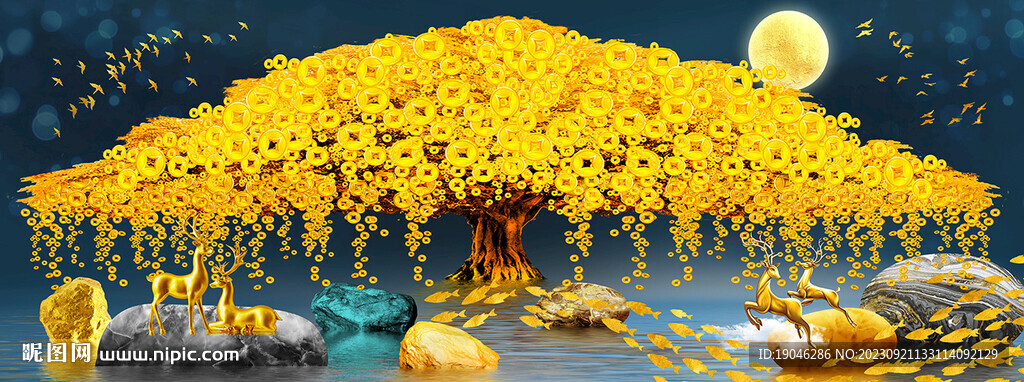 石来运转麋鹿山水发财树装饰画