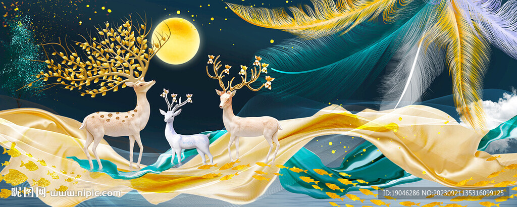 金色轻奢羽毛麋鹿装饰画