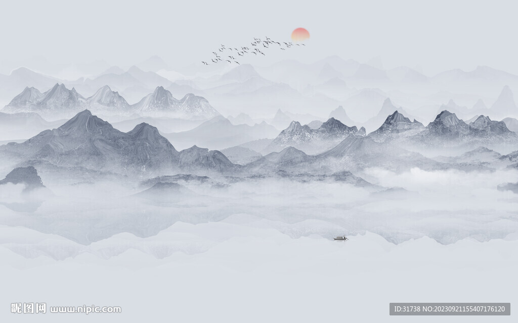 意境水墨山水画背景墙