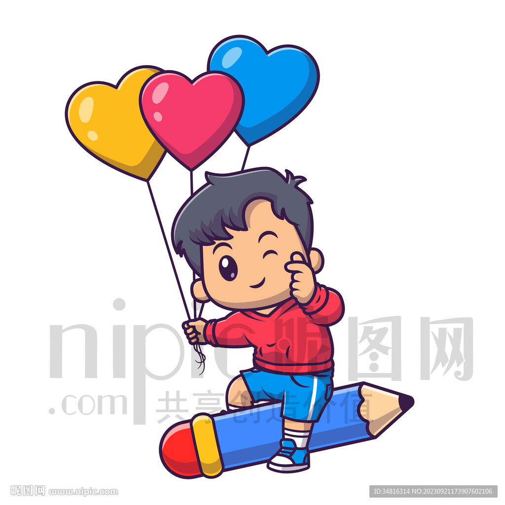 可爱卡通坐在铅笔上的小男孩