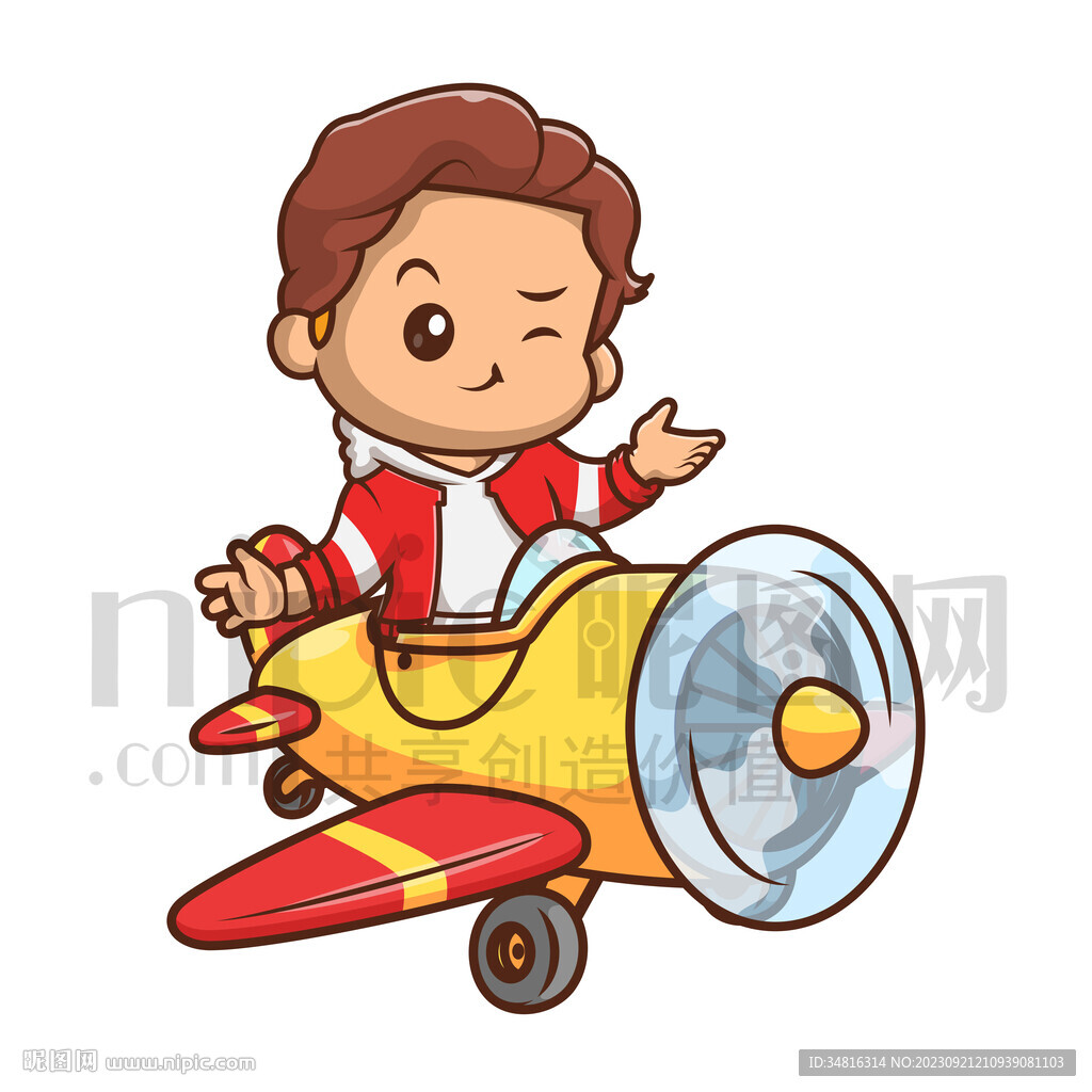 可爱卡通小男孩坐飞机