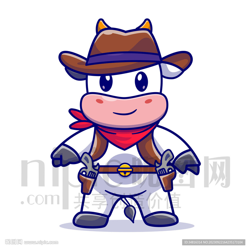 可爱卡通西部牛仔奶牛矢量插画