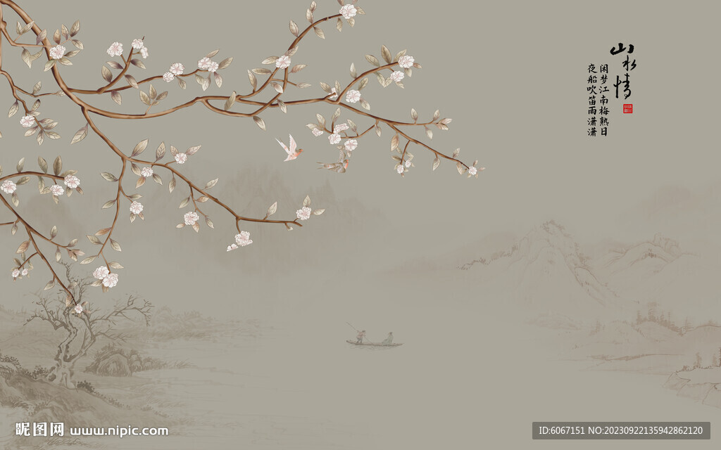 新中式花鸟画电视背景墙