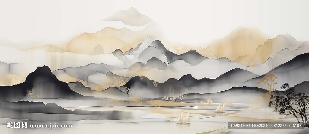 新中式水墨手绘山水画