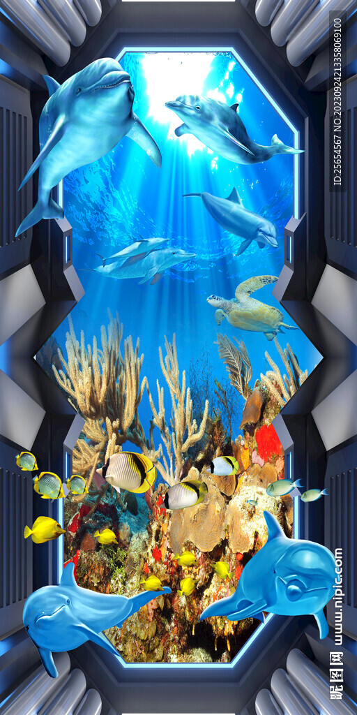 海底世界海豚3D玄关立体画