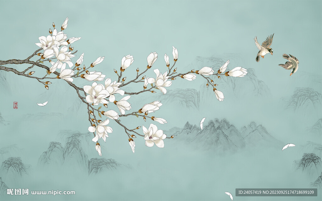 新中式白玉兰花鸟山水背景墙