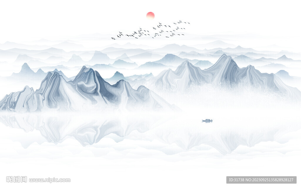 中式水墨山水画电视背景墙影壁