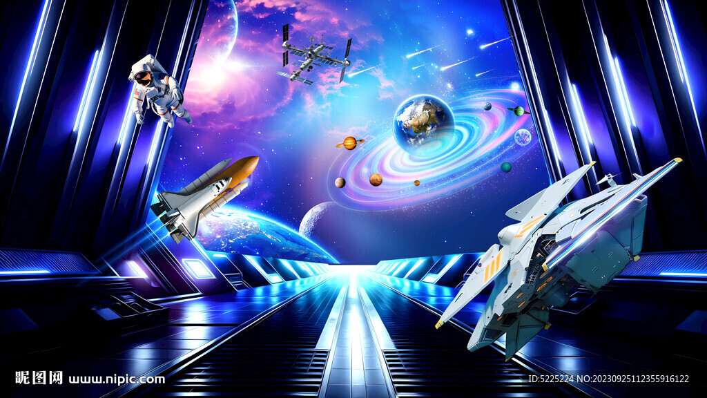 太空舱窗外星空背景墙装饰壁画