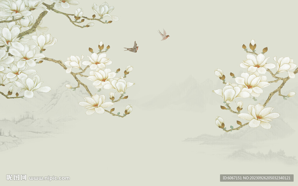 新中式兰花花鸟画电视背景墙