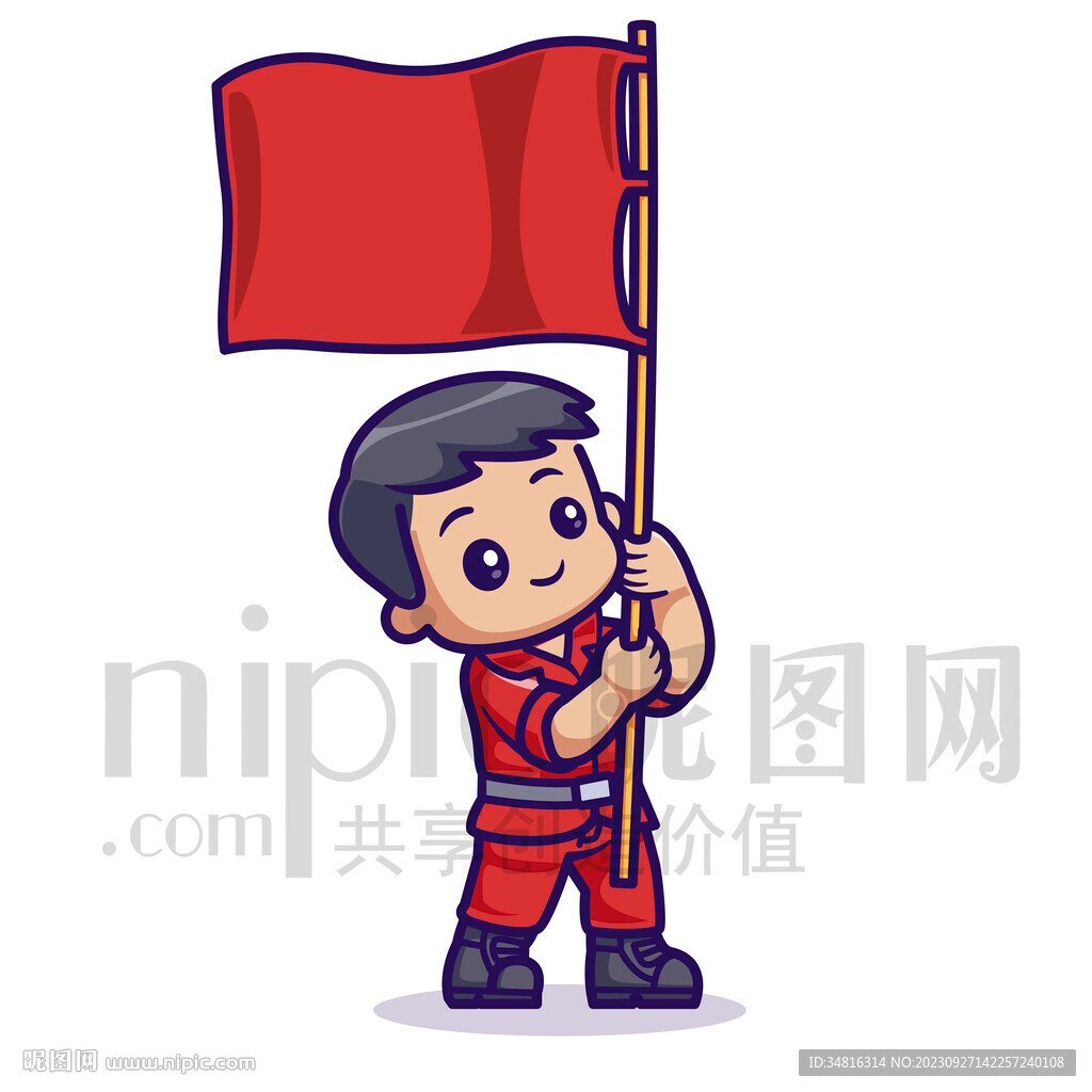 可爱卡通举着红旗的小男孩
