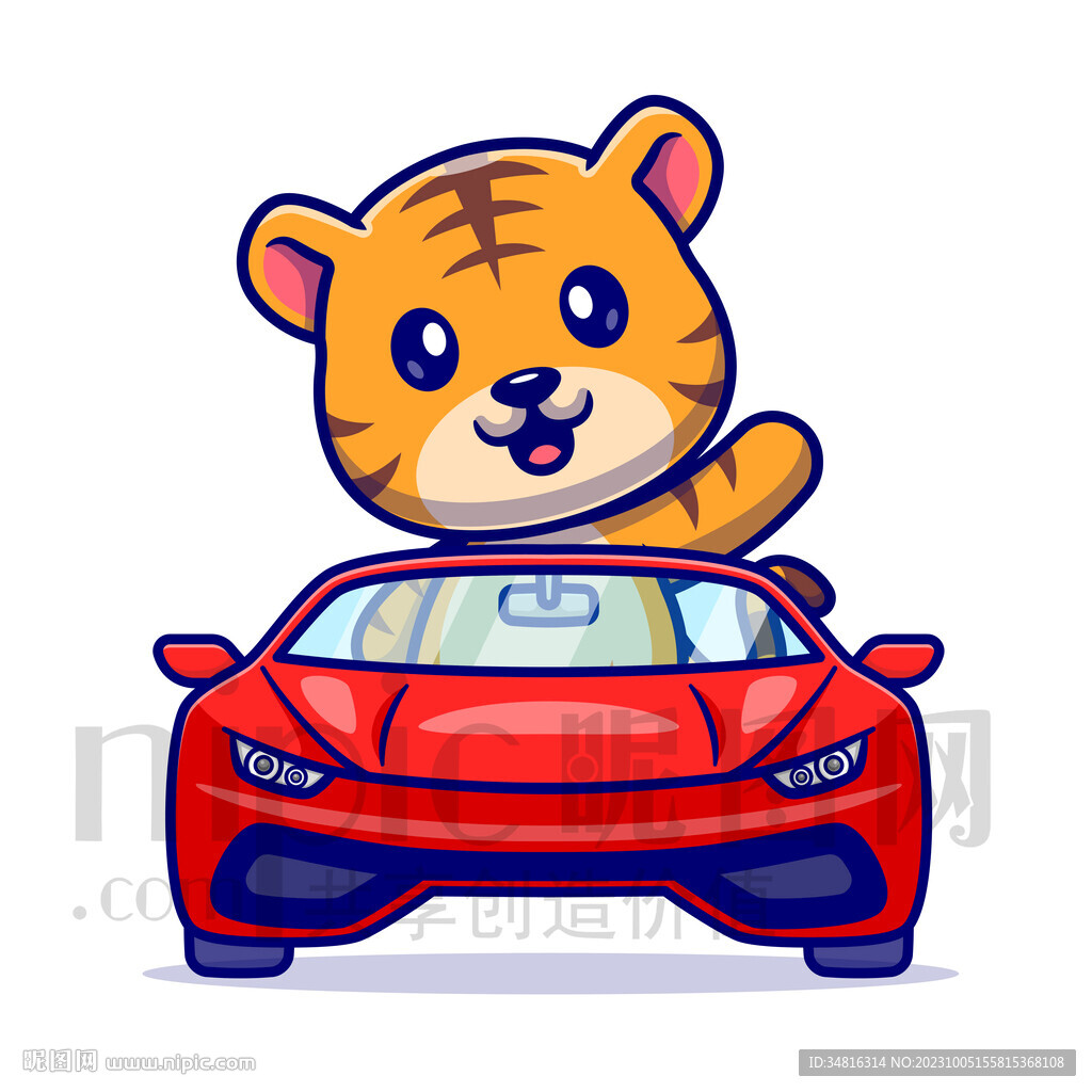 可爱卡通坐小汽车的小老虎