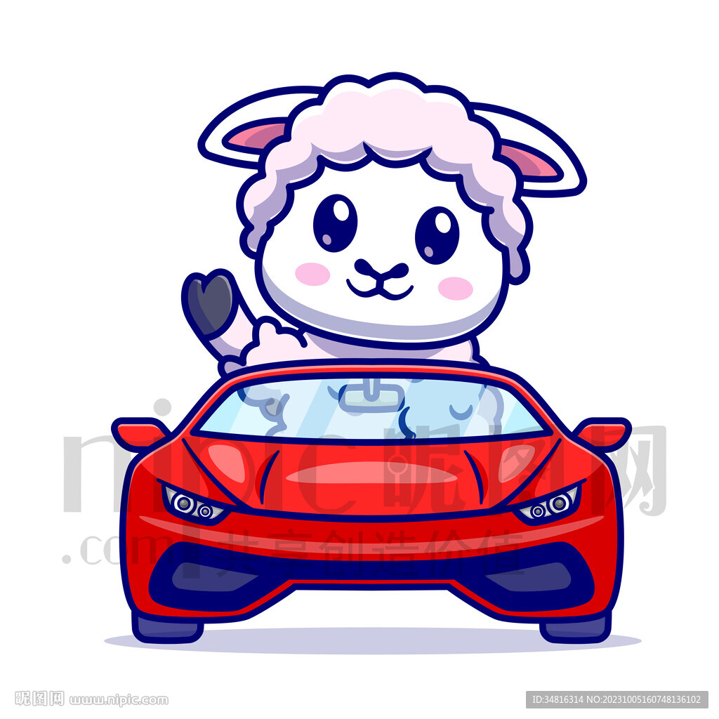 可爱卡通坐小汽车的小绵羊