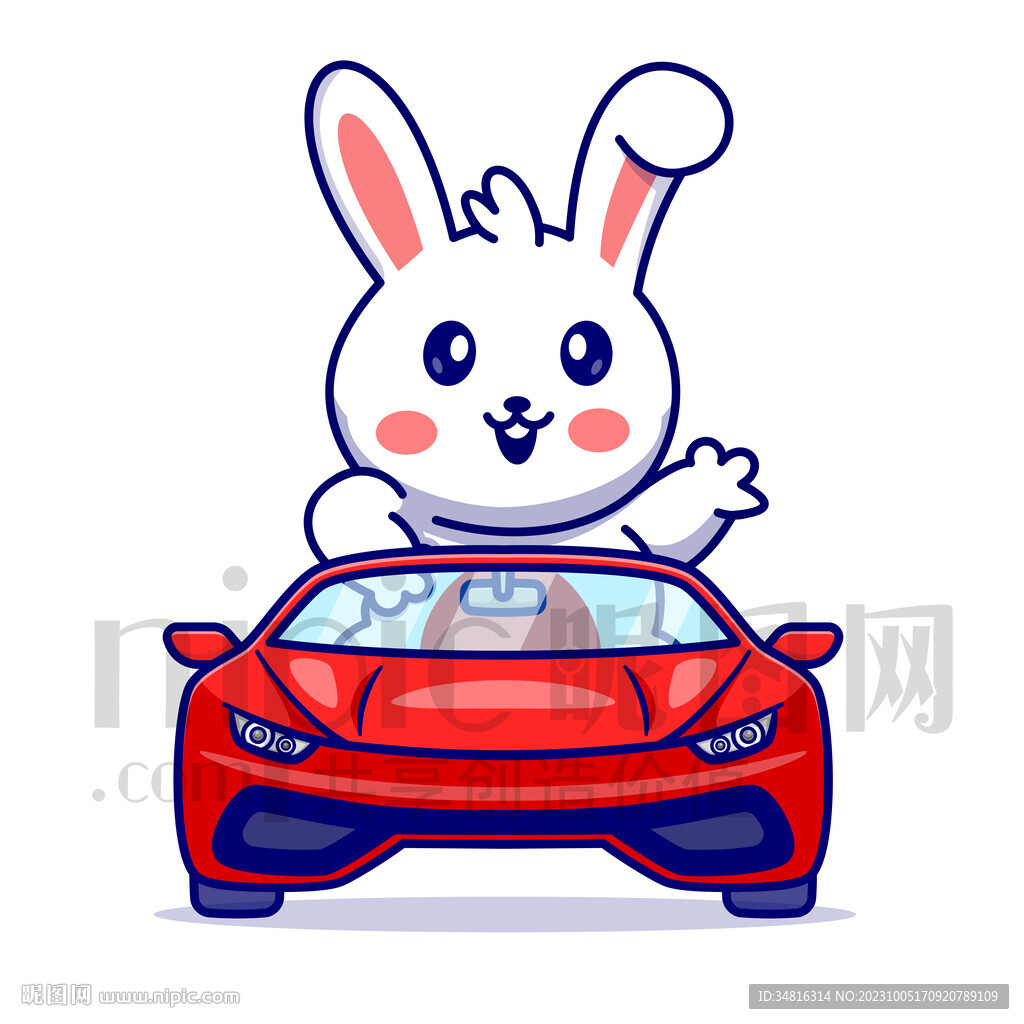 可爱卡通坐小汽车的小白兔