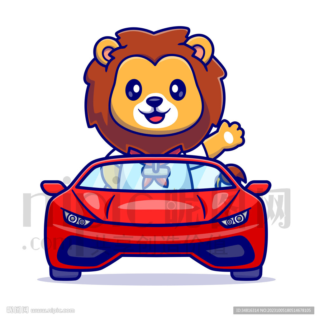 可爱卡通坐小汽车的小狮子