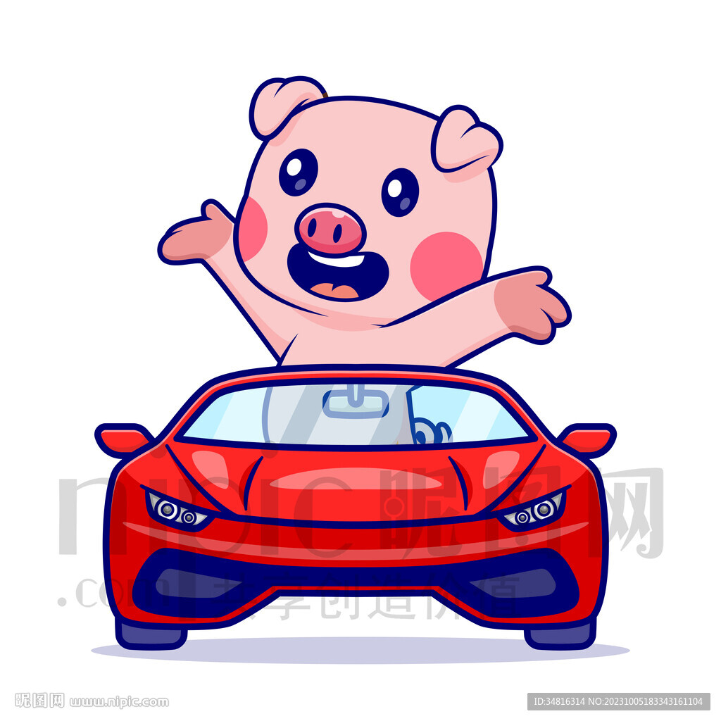 可爱卡通坐小汽车的小猪