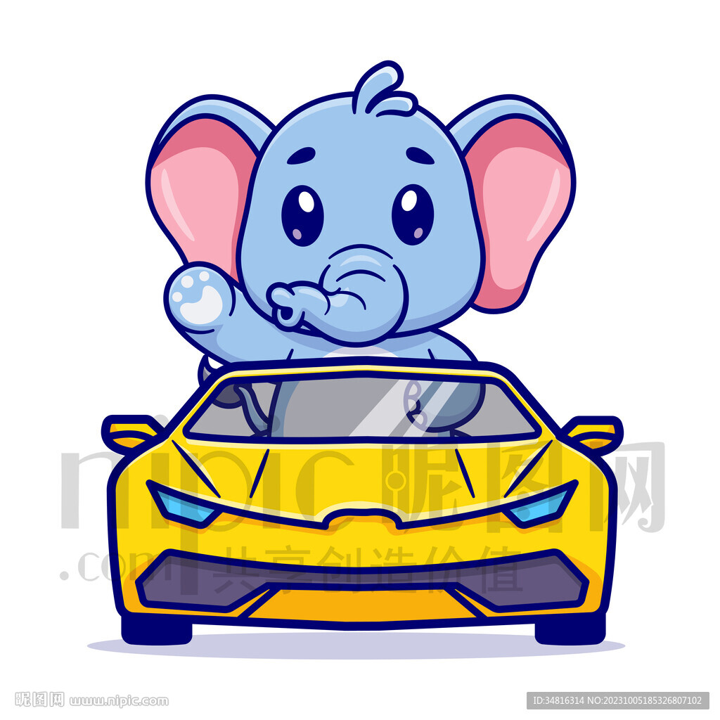 可爱卡通坐小汽车的大象