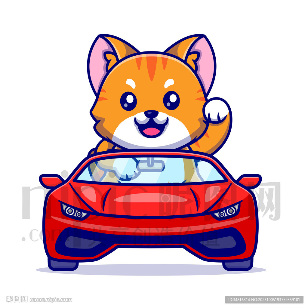 可爱卡通坐小汽车的小猫