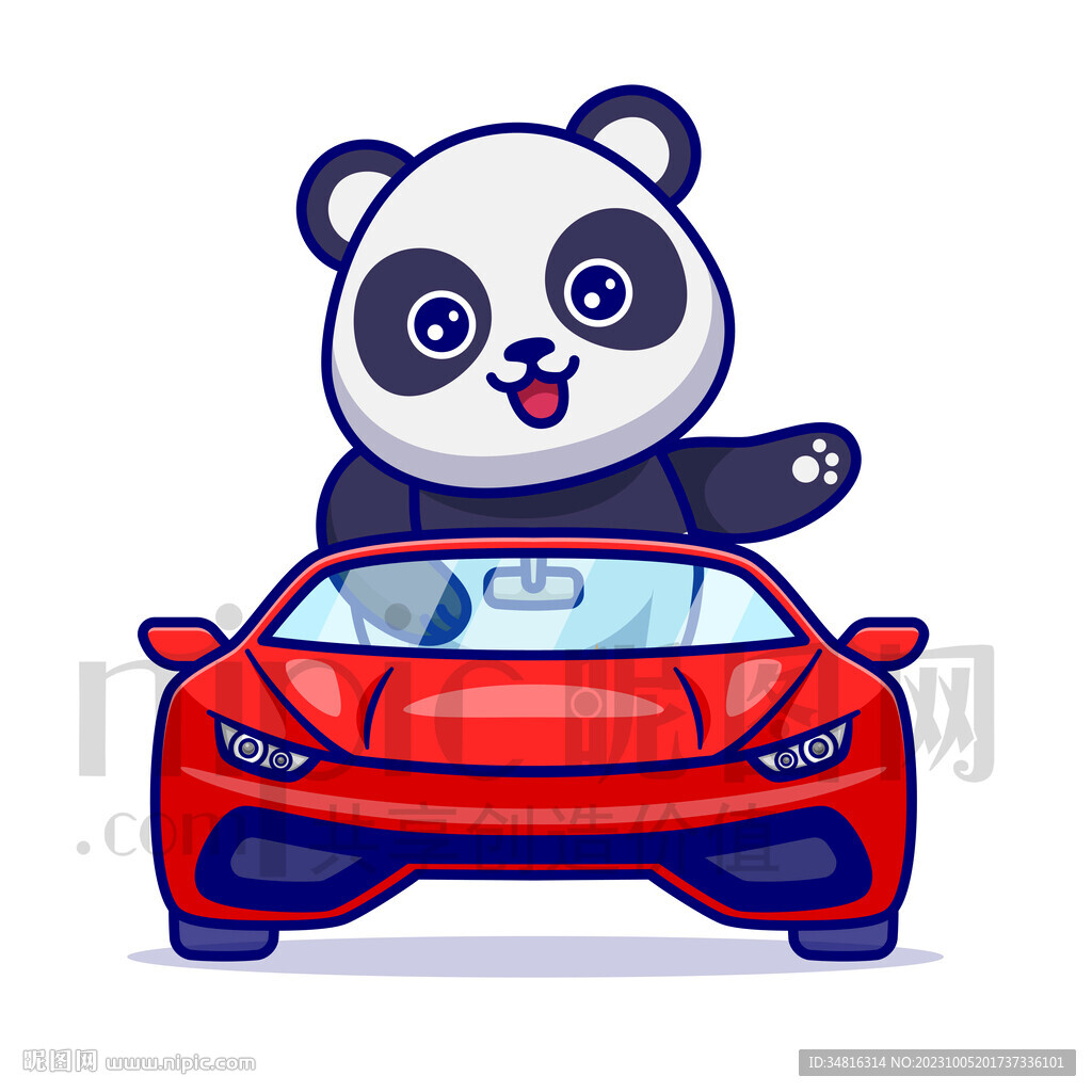 可爱卡通坐小汽车的大熊猫