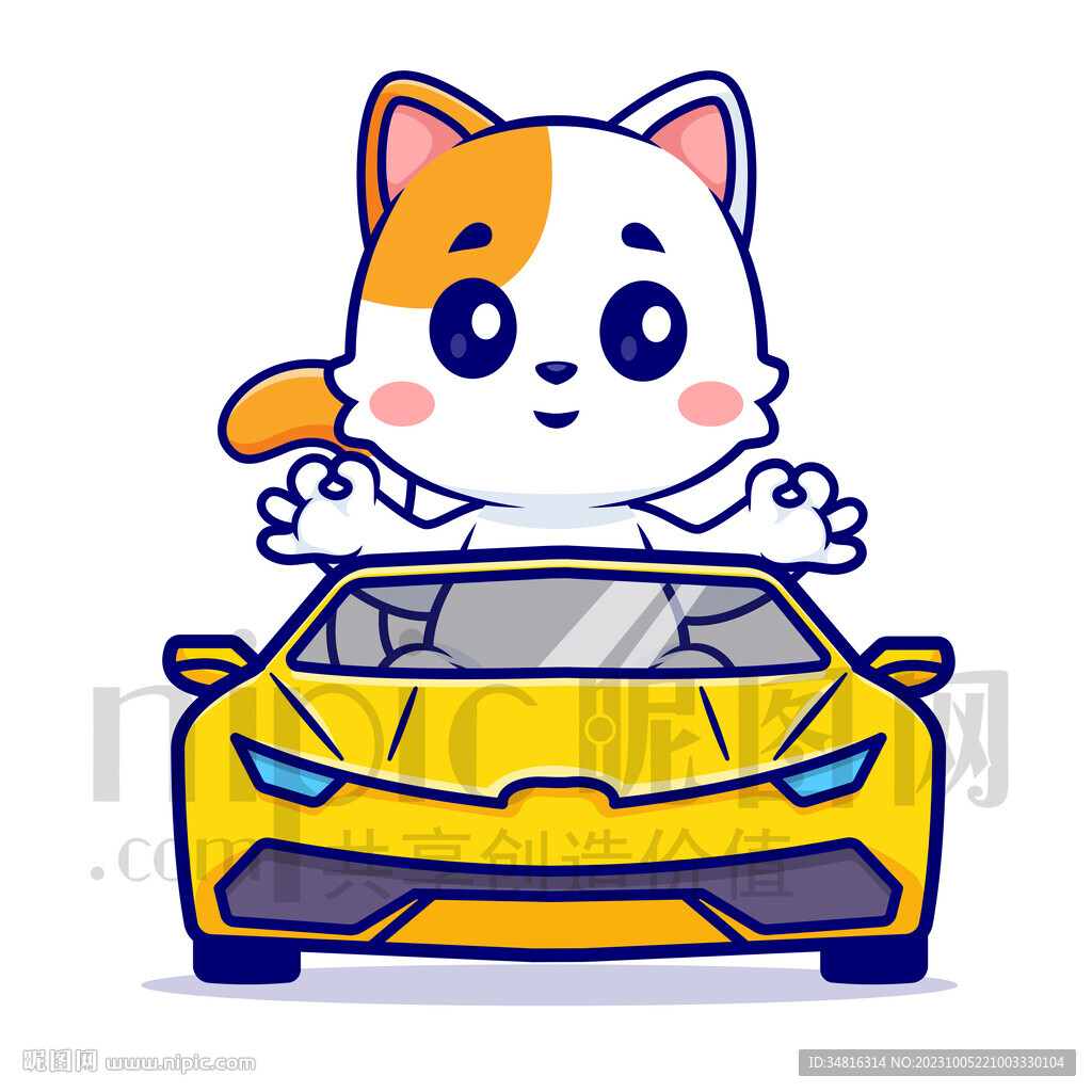 可爱卡通坐小汽车的小猫咪