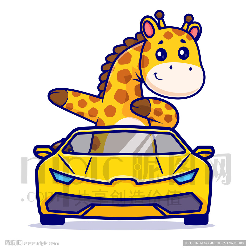 可爱卡通坐小汽车的长颈鹿
