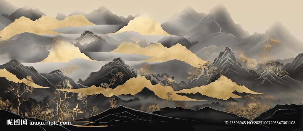 创意新中式金色山水装饰画