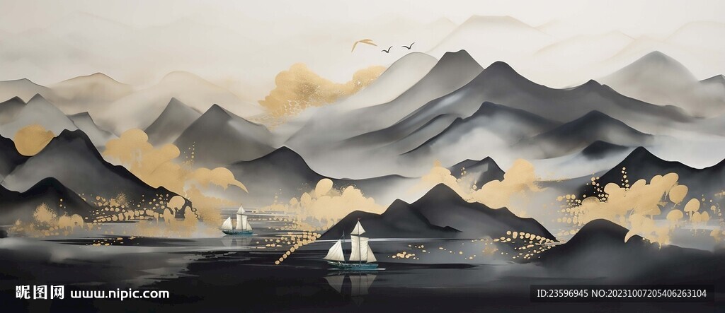 创意新中式金色山水装饰画