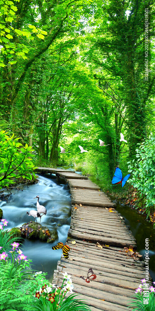 花鸟树林流水生财风景画玄关