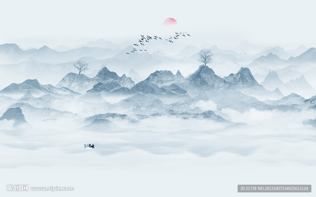 新中式床头山水画背景墙