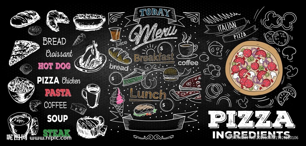 披萨面包元素涂鸦西餐厅工装背景