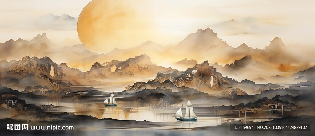 新中式水墨手绘山水画