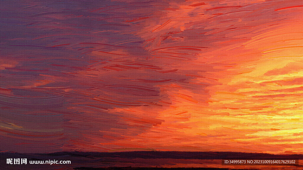 火红 油画 晚霞