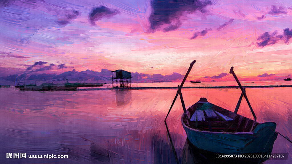 红色晚霞 船 油画