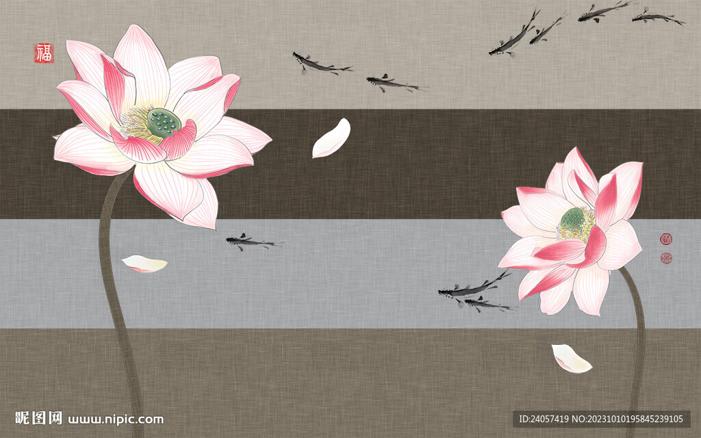 新中式禅意水墨荷花鱼群背景墙