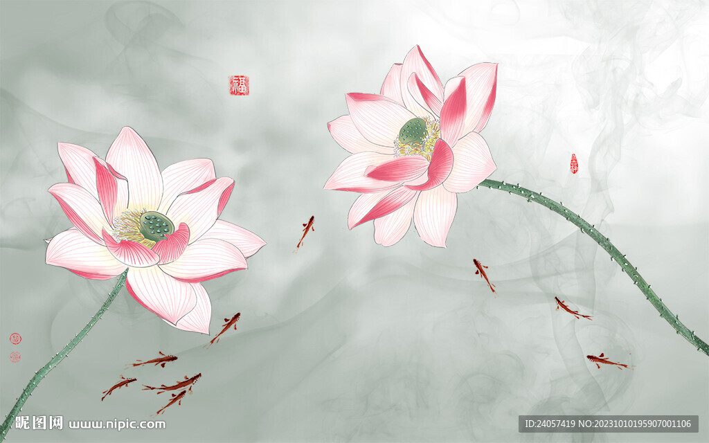 新中式禅意水墨荷花鱼群背景墙