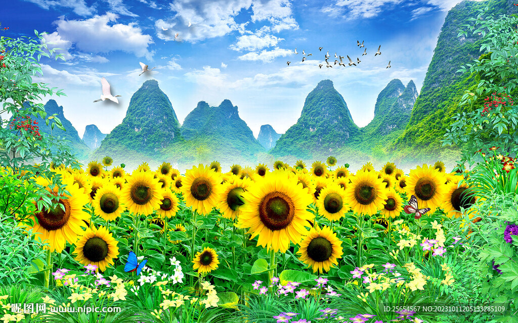 向日葵山水客厅背景墙