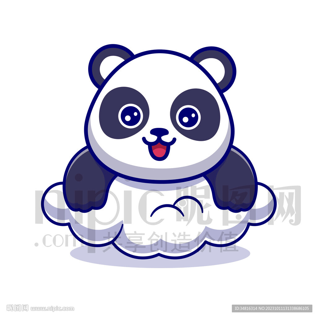 可爱卡通趴在云朵上的大熊猫
