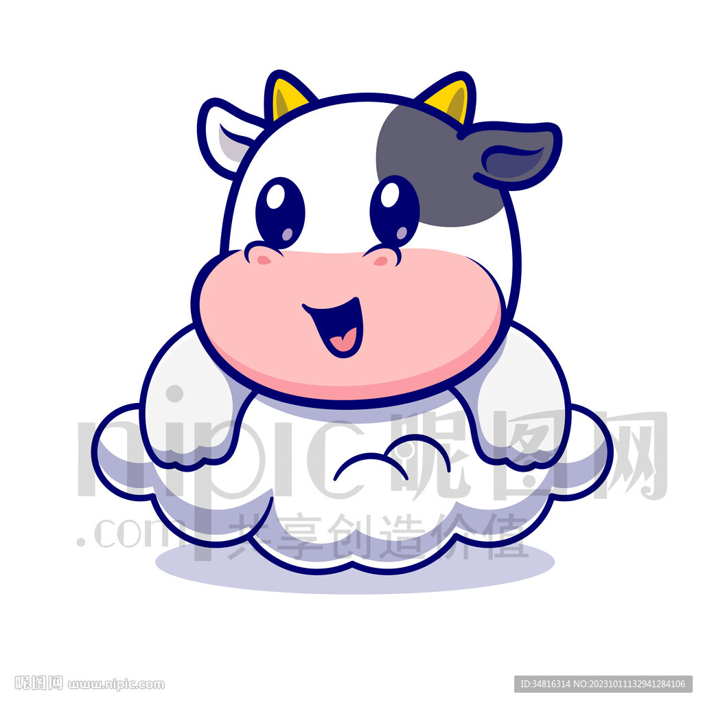 可爱卡通趴在云朵上的奶牛