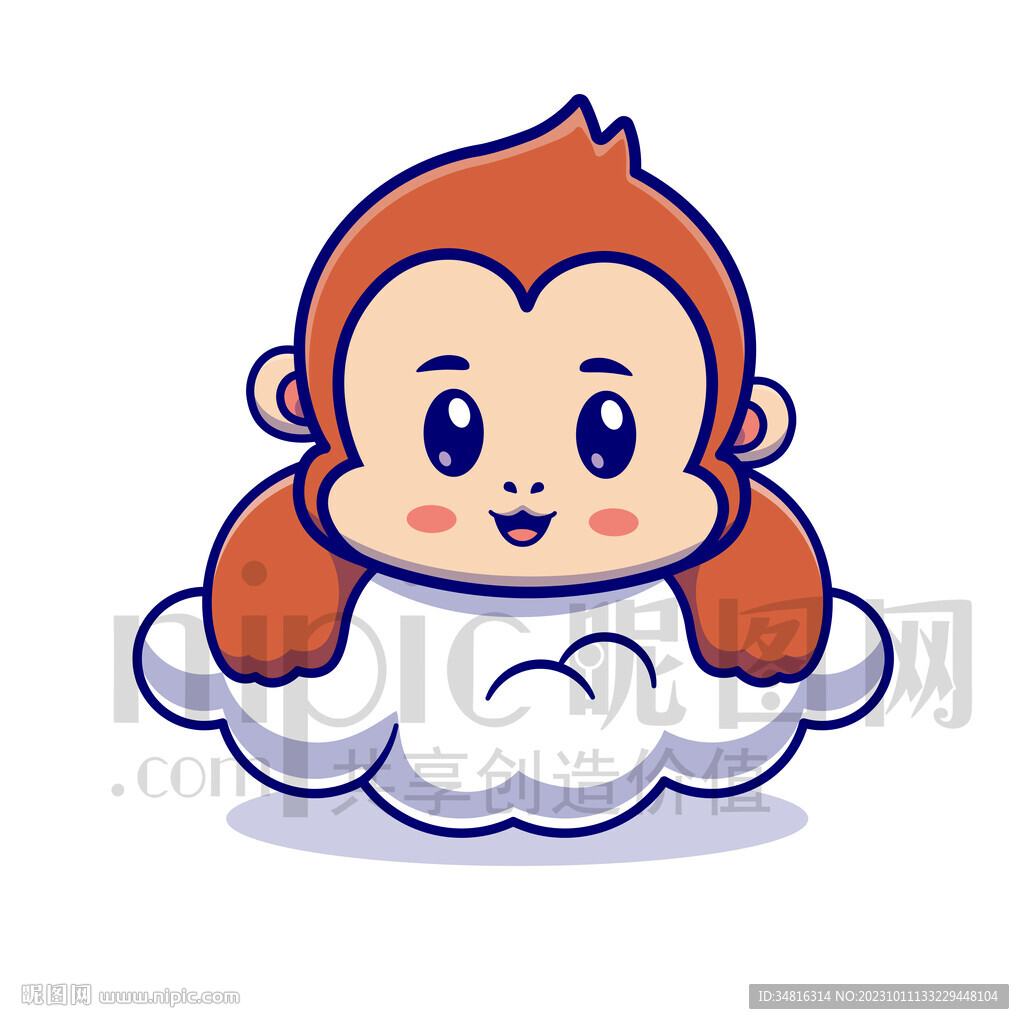 可爱卡通趴在云朵上的小猴子