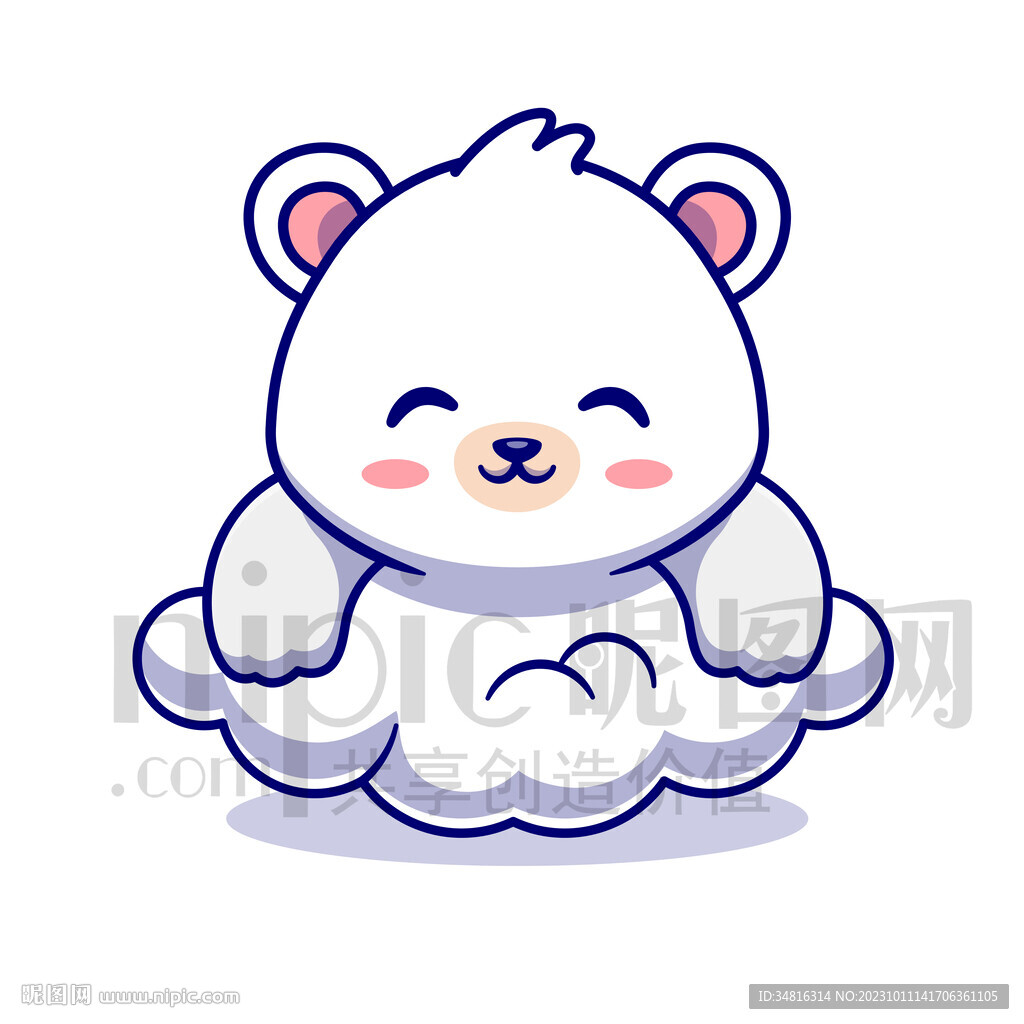 可爱卡通趴在云朵上的北极熊