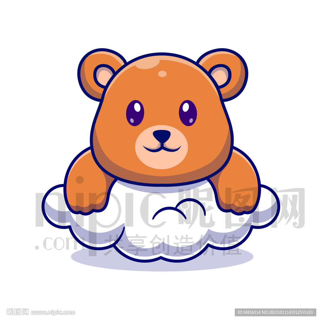 可爱卡通趴在云朵上的棕熊