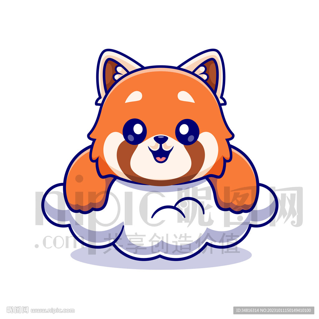 可爱卡通趴在云朵上的小浣熊