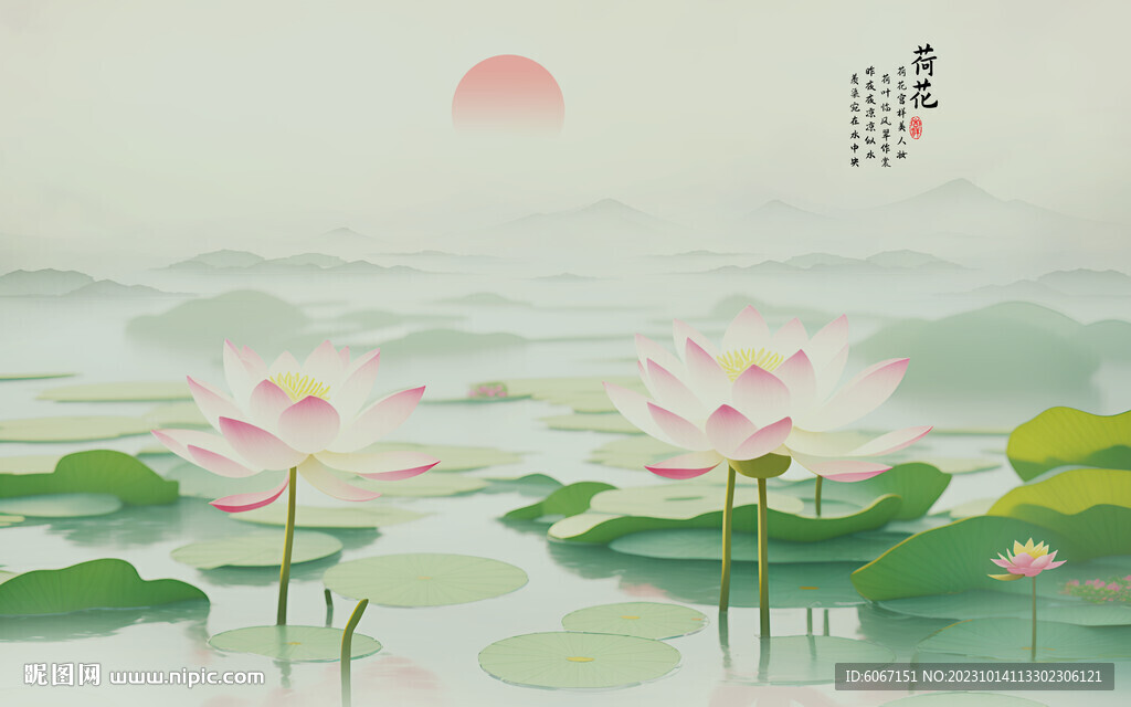 中式手绘荷花背景墙