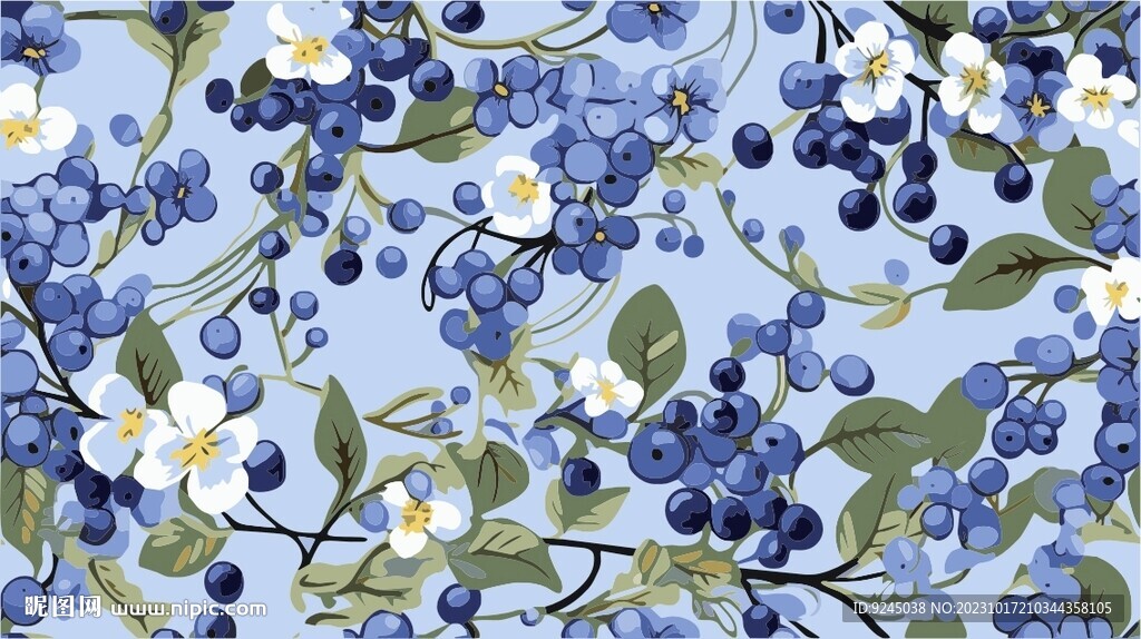 蓝莓手绘图案矢量图